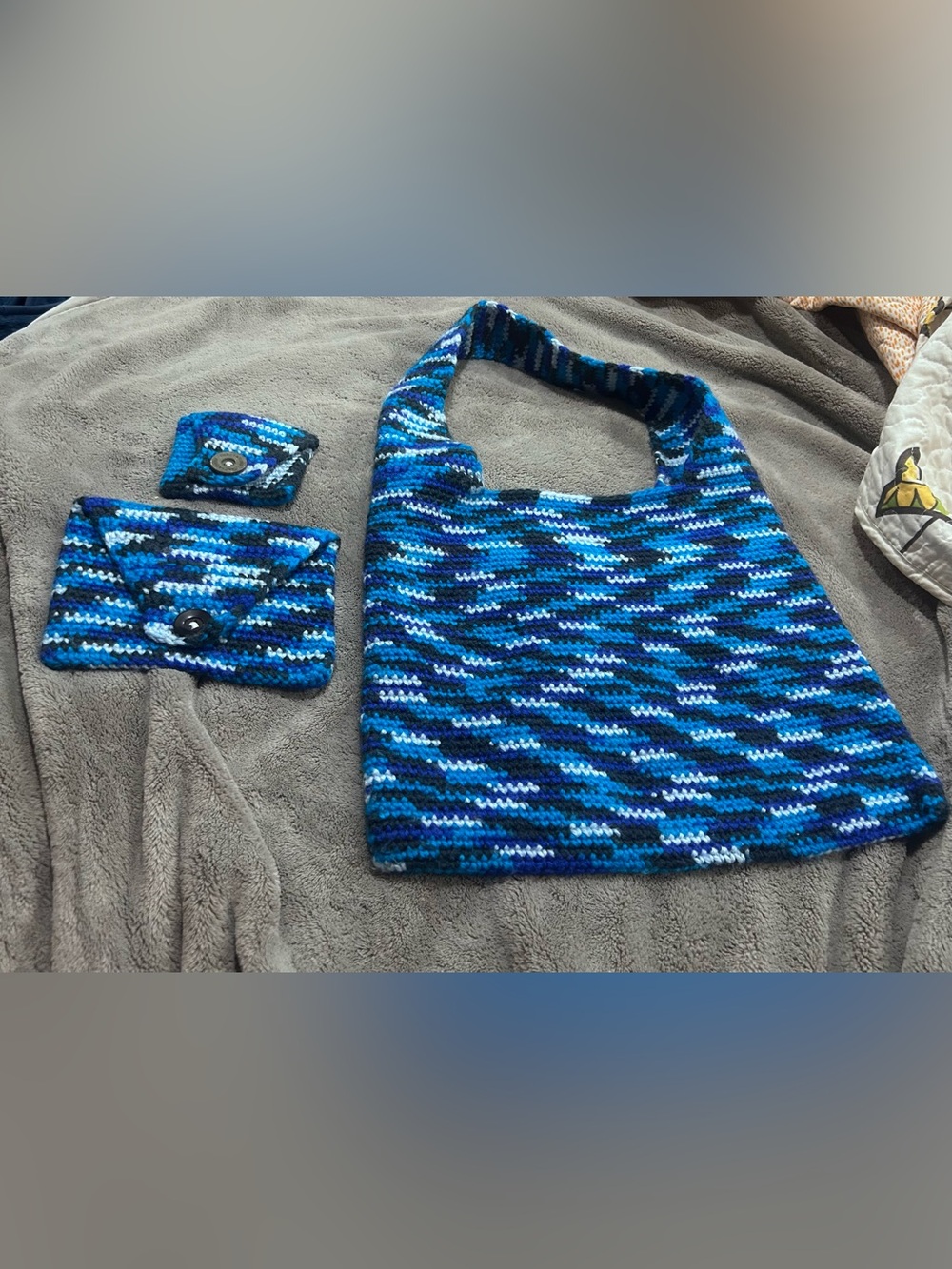 Handmade Blue Multitone Crochet Tote and Wristlet Set